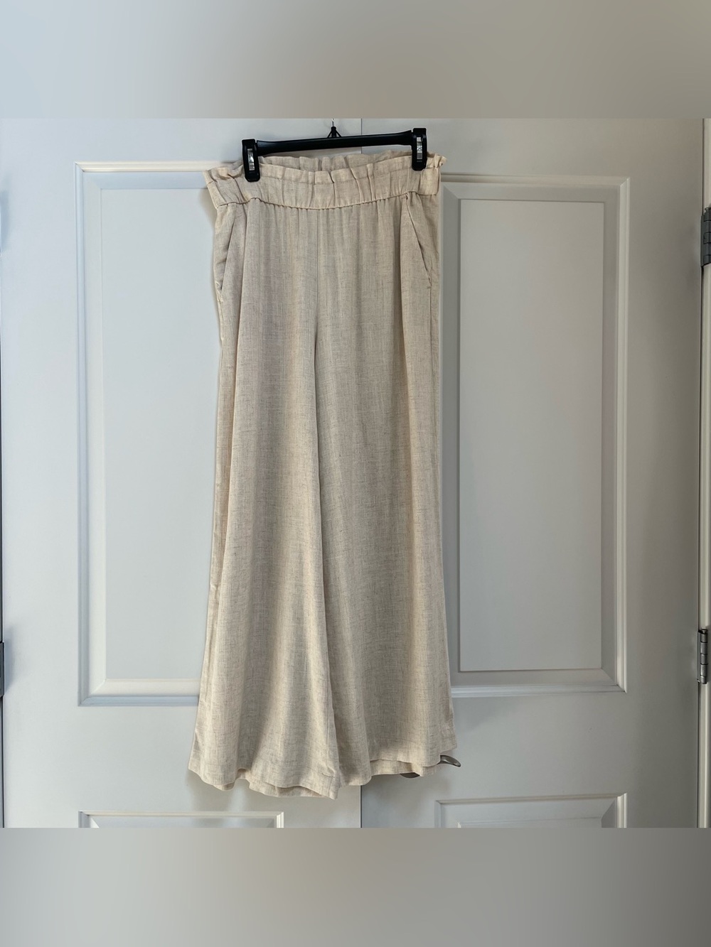 Loft Wide Leg Oatmeal Linen Blend Pockets Paper Bag Waist Pants Size Small